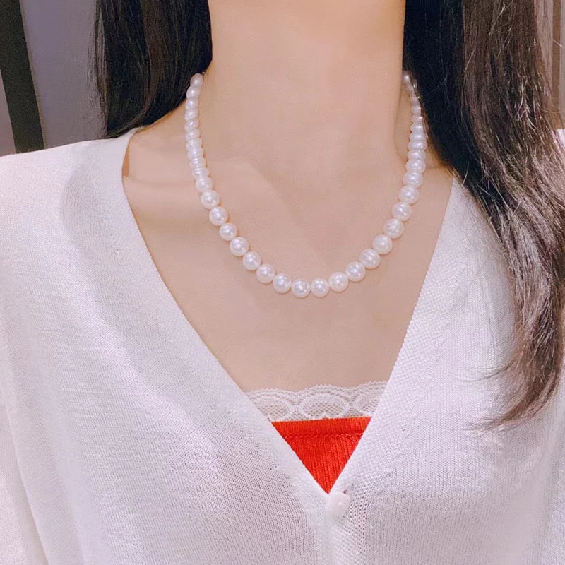 A Butterfly 9-10MM Natural Freshwater Pearl Clavicle Necklace Nearly Round Slightly Defects Shiny Chain Length 40-50Cm