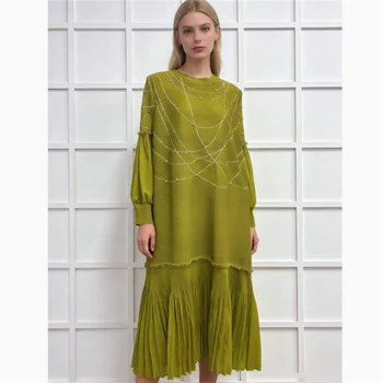 Miyake pleats, women's clothing, printed beads, O-neck lantern sleeves, loose, ruffles, dress, elegant, fashionable, 2026 new 1