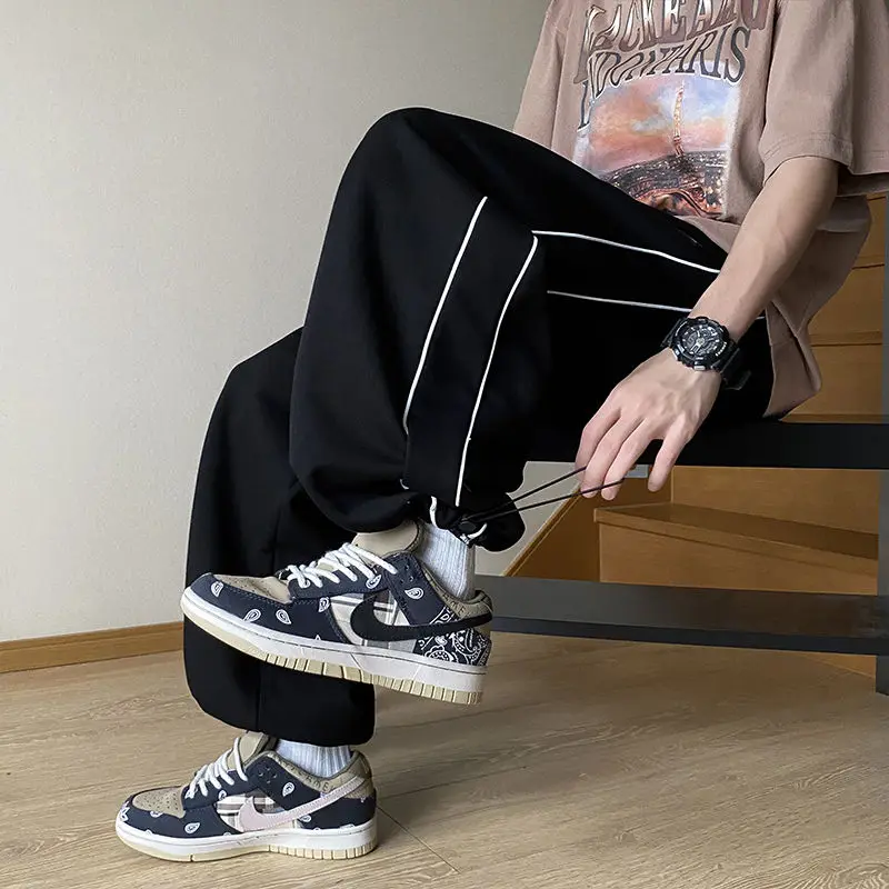 American Hip-hop Loose Sports Pants Men's Autumn Solid Patchwork Elastic Waist Drawstring Pocket Side Striped Straight Trouser
