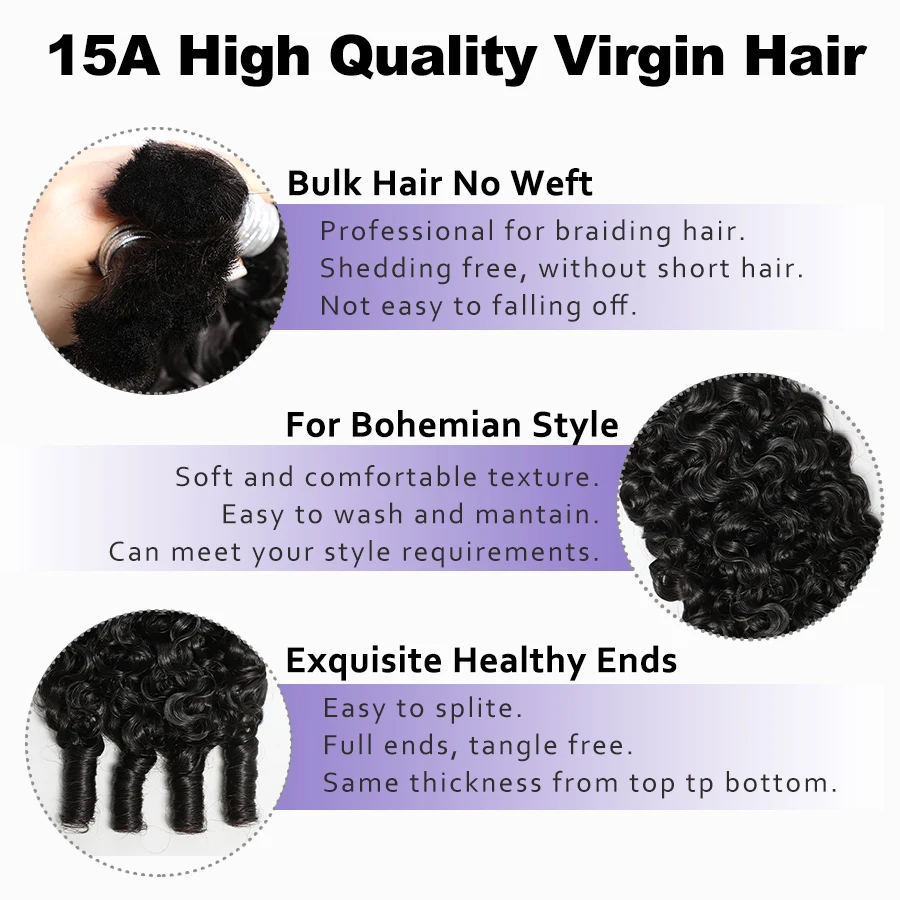 Lemoda Burmese Curly Bulk Human Hair Extension With Spail Ends Boho Braiding No Weft Bundles Virgin Hair 15A 1/2/3/4 PCS 12-32in 3