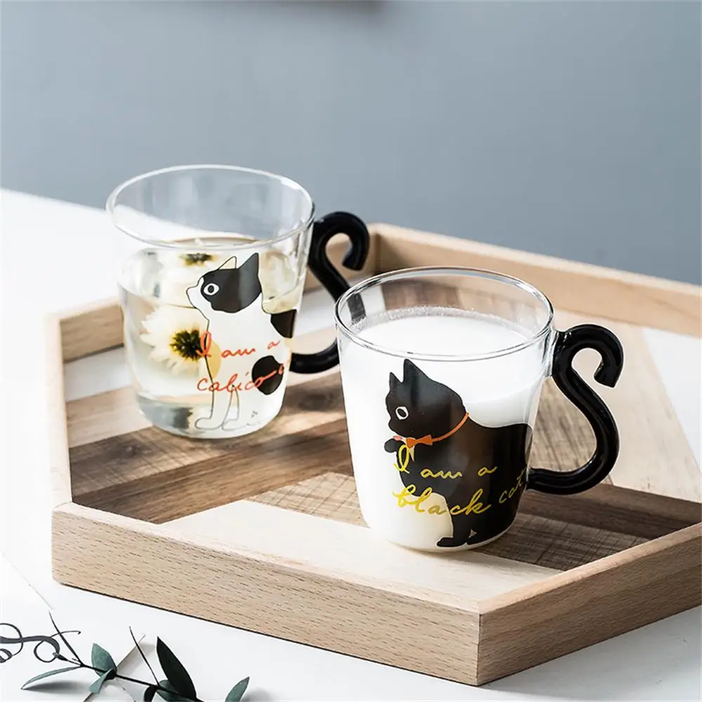 Glass Coffee Cup Cuty Cat Tea Glass Cup Creative Cartoon Milk Coffee Cup Heat Resistant Coffee Mug with Tail Handle Kitchen Drinking for Meal