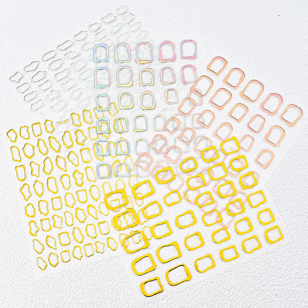 Description Picture 2 of item1Pc 3D Gold Hollow Irregular Geometric Nail Stickers Holo Metal Frame Gold/Silver Decals Square Self Adhesive Sliders Nail Deco