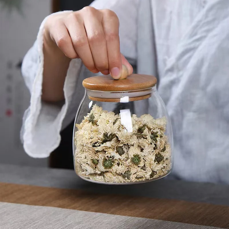 Wooden Lid Glass Sealed Jar Food Container Tea candy Kitchen Storage Bottle Jar Large Capacity Sealed For Kitchen Organizer Tool Storage Jar
