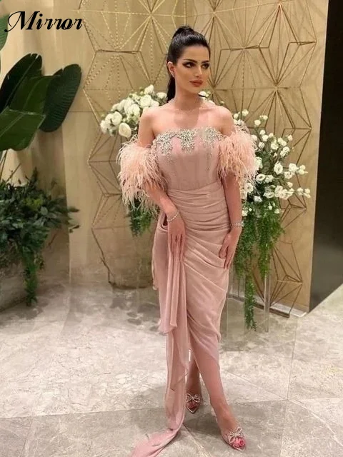 

Mirror Dress Elegant Vintage Sexy Pink Feather Beading Sequins Boat Neck Formal Occasion Ball Prom Dress Evening Party Gowns