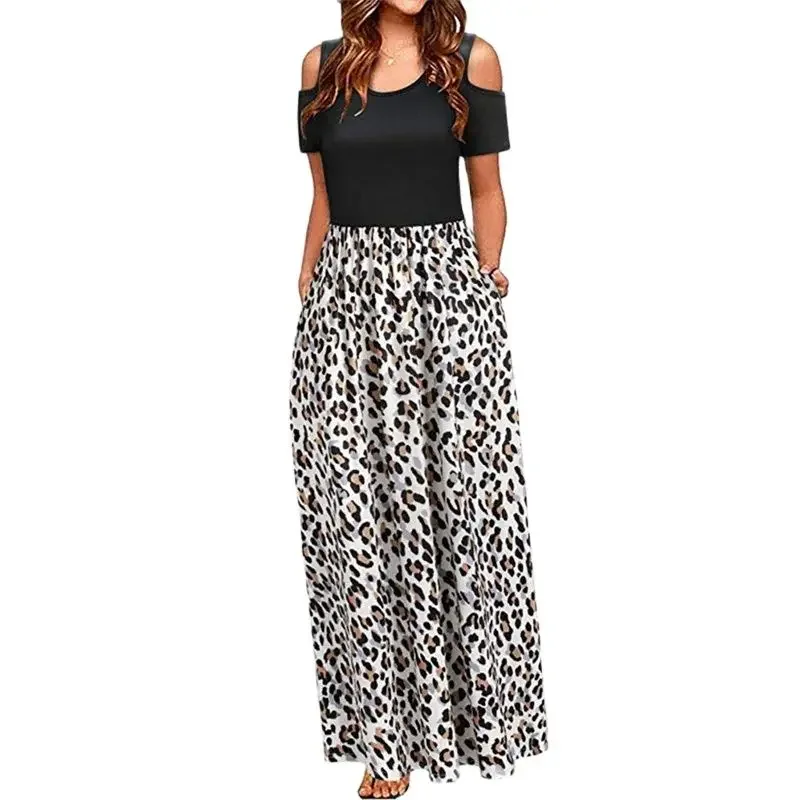 

Elegant Off The Shoulder Short Sleeve Dresses Women Double Pockets Hem Floor Length Gown Summer Female Commuter Casual Dress New