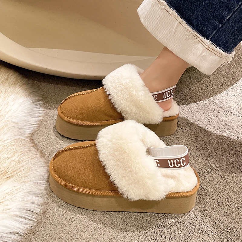 

2023 New Leather Women Fashion Winter Indoor Solid Color Suede Fur Slippers Ladies Home Platform Warm Slip-on Women’s Shoes