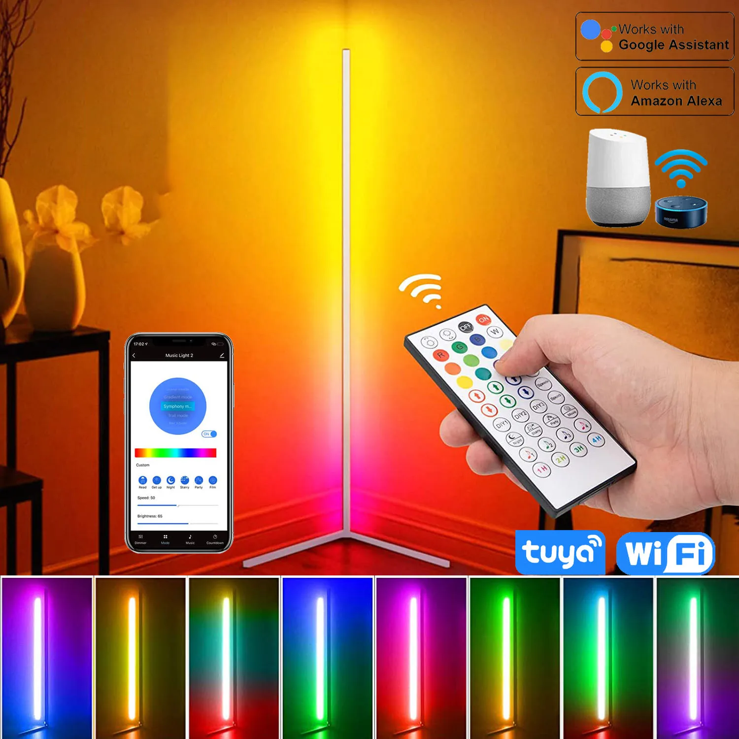 59 inch Corner Floor Lamp Dimmable APP Control Standing Lamps Remote LED RGB Light for Bedroom Decor Living Room Indoor Lighting