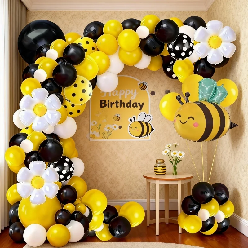 103-teiliges Geburtstags-Ballonbogen-Set mit Bienenthema – Gänseblümchen-Ballons mit schwarzen, gelben und weißen gepunkteten Ballons, Happy Birthday-Dekorationen, geeignet für den Frühling. Kindergeburtstagsparty-Zubehör – Detail 5