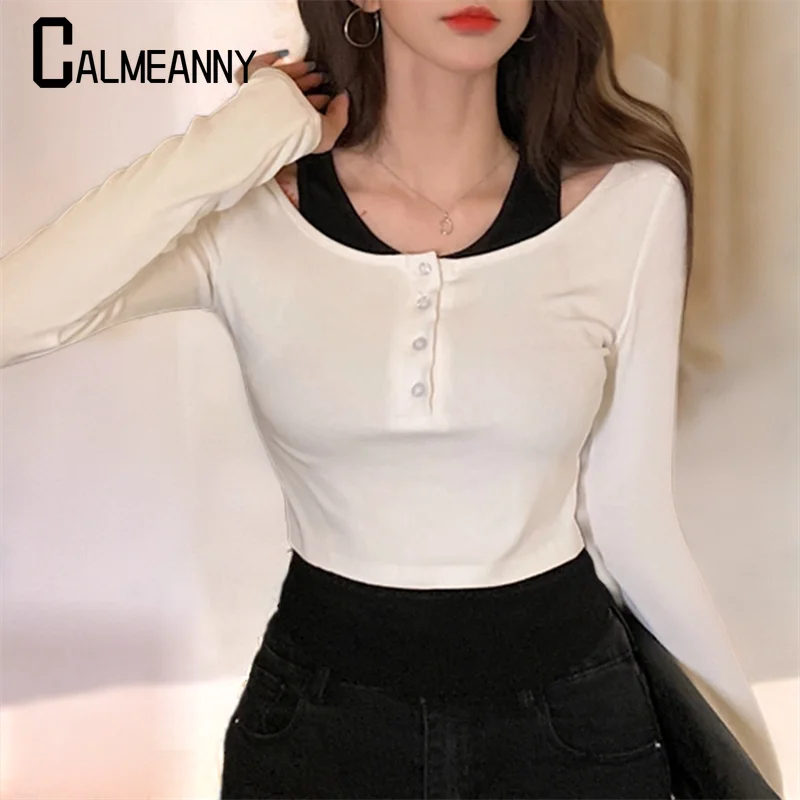 

Woman T-shirts 2023 Autumn Winter New Style Casual Sexy Slim Versatile Coat Long-Sleeved Bare Shoulder T-shirt Tops Fake Two