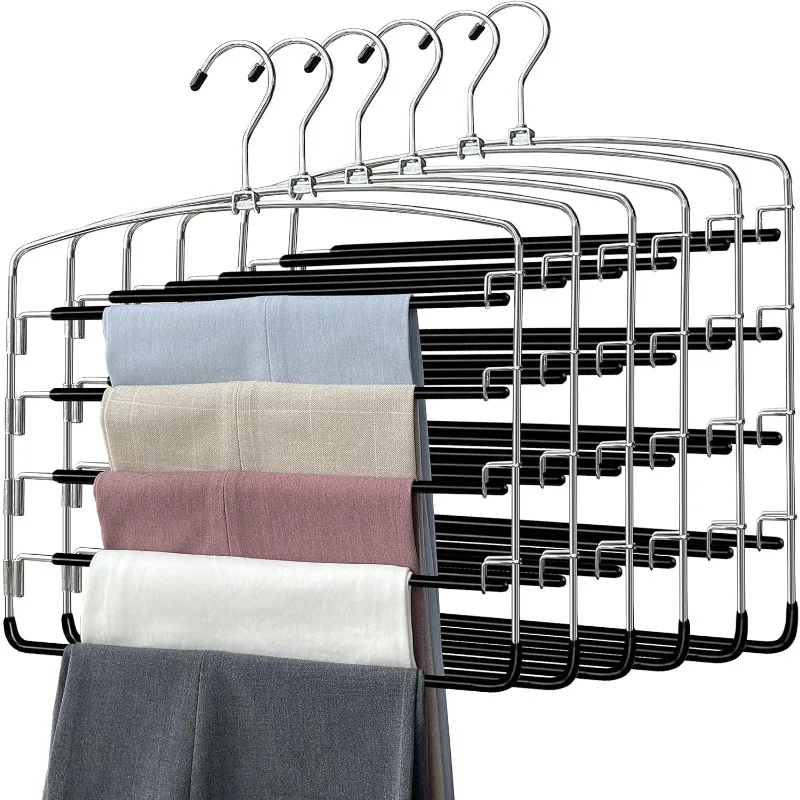 

Pants Hangers 6 Pieces,5 Tier Closet Organizers and Storage Clothes Hangers,Hangers Space Saving with Swing Arm,Multiple Metal