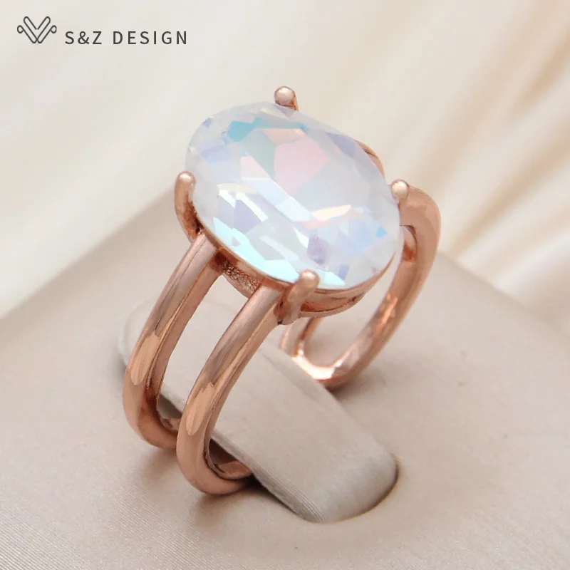 S&Z DESIGN New Fashion Adjustable Egg Shape Oval Crystal Rings For Women Wedding Elegant 585 Rose Gold Color Jewelry Fine Gift