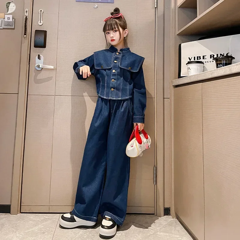 

Korean Autumn Winter Elementary 2pcs Suit Junior Denim Outwear Large Lapel Coat Teenager Jeans Trousers Girl 2pcs