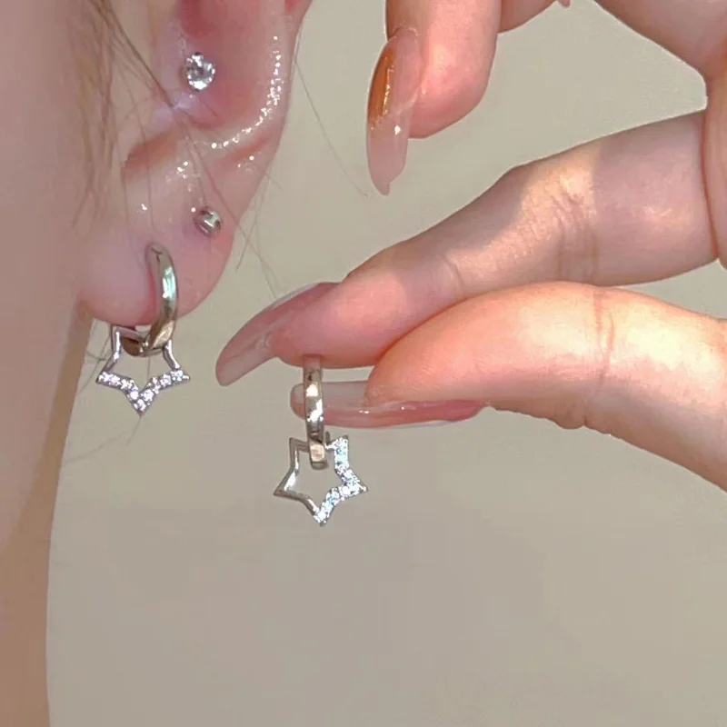 New Arrival Crystal Star Drop Earrings for Women Girls Fashion CZ Zircon Silver Color Five Pointed Star Ear Buckle Party Jewelry