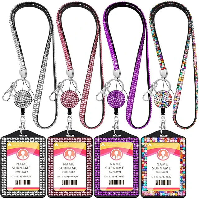 4 Sets Rhinestone Lanyard ID Card Holder Crystal Retractable Badge