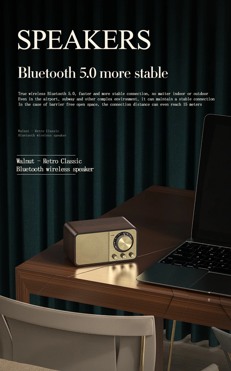 Portable BT 5.0 Super Powerful Retro Bluetooth Speaker Wooden Strong Bass with 1