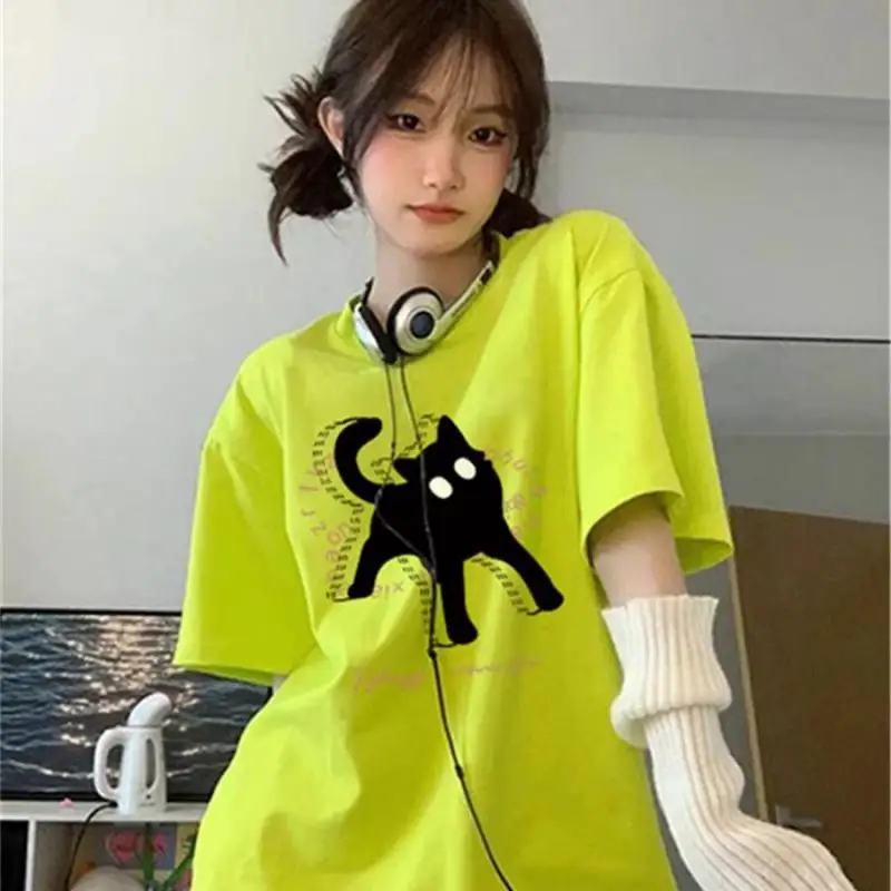 

Fluorescent Green American Short Sleeved T-shirt For Women's Summer High Street Niche Design, Loose And Versatile Top