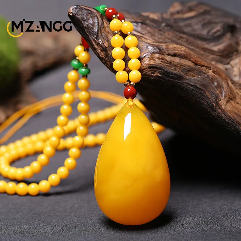 Collier Ethnique Fait Main En Ambre Jaune Et Laiton Argenté - Longueur 18 Pouces - Neuf