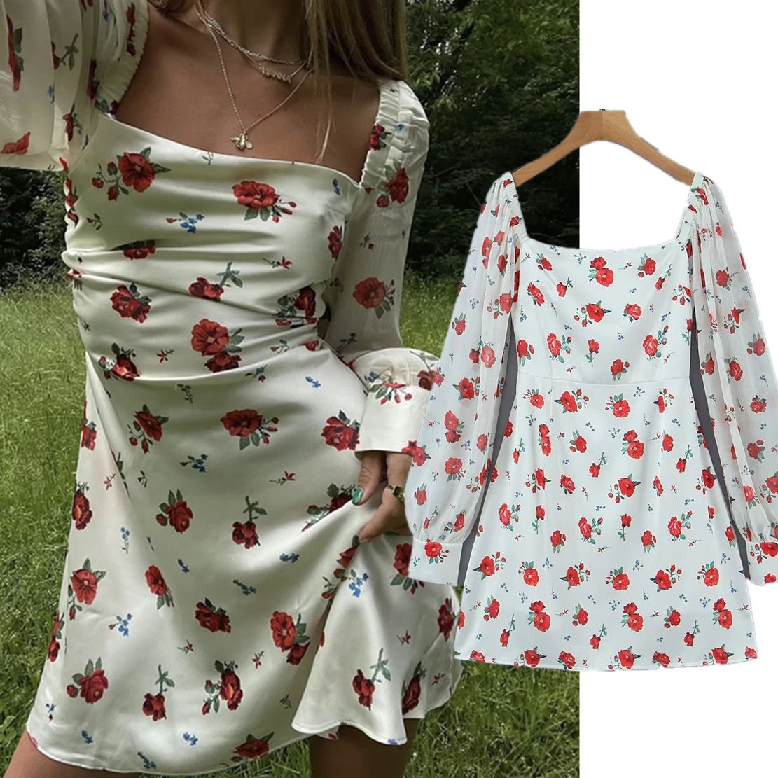 

Jenny&Dave 2023 French Vintage Square Women's New Neck Satin Floral Dress