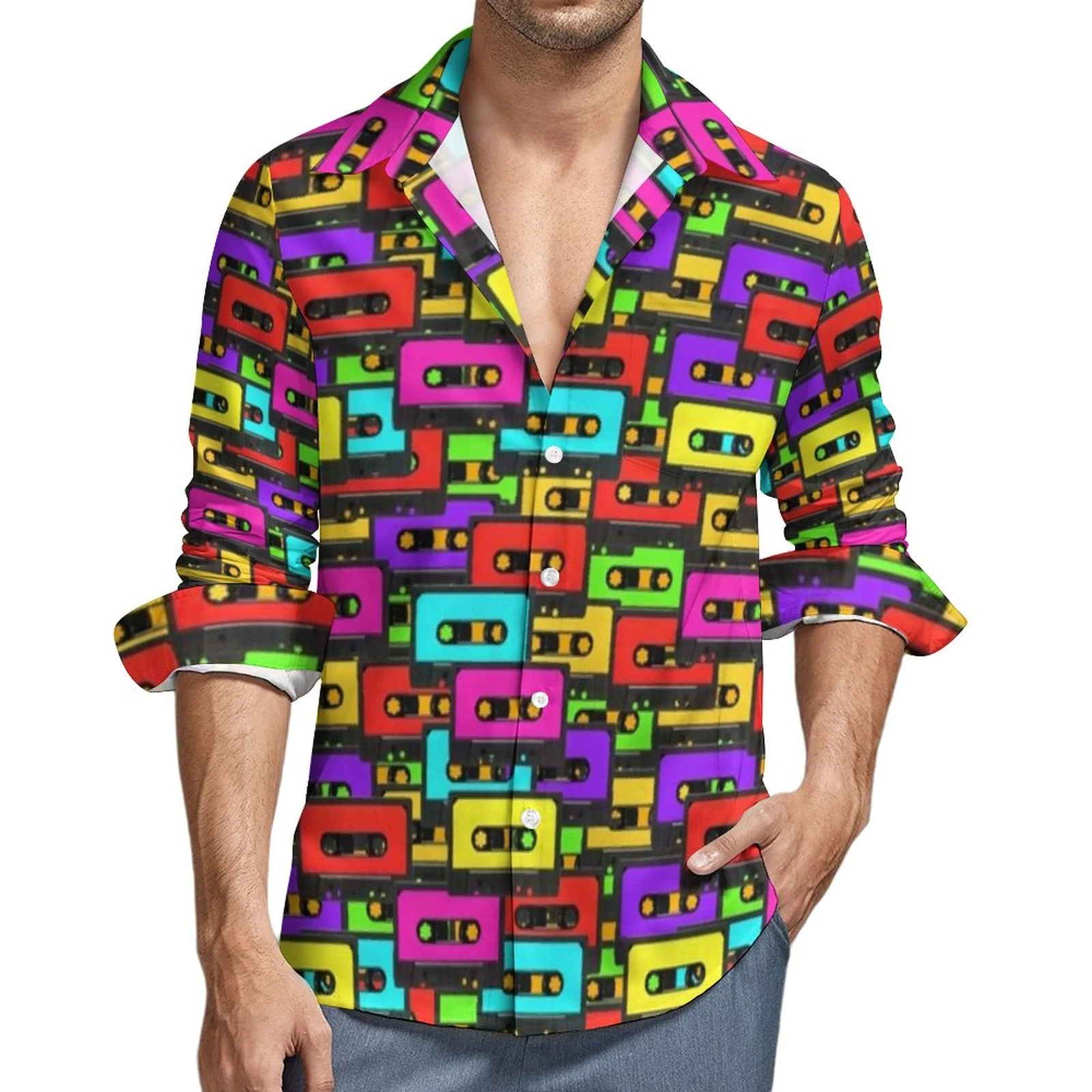 Camisas informales de música para hombre, camisa de manga larga con cintas de Audio coloridas de los años 80, blusas Y2K de ropa de diseño de otoño, talla grande| - AliExpress