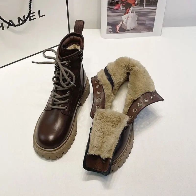 Ankle Platform Chelsea Boots Women Winter 2024 Casual Sport Running Lace Up Snow Women Motorcycle Boots Plush Warm Brand Shoes