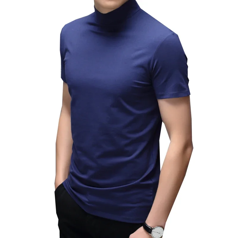 New Summer Men's Half High Collar T-Shirt Mercerized Cotton Short Sleeve Slim Fit Solid Color Modale