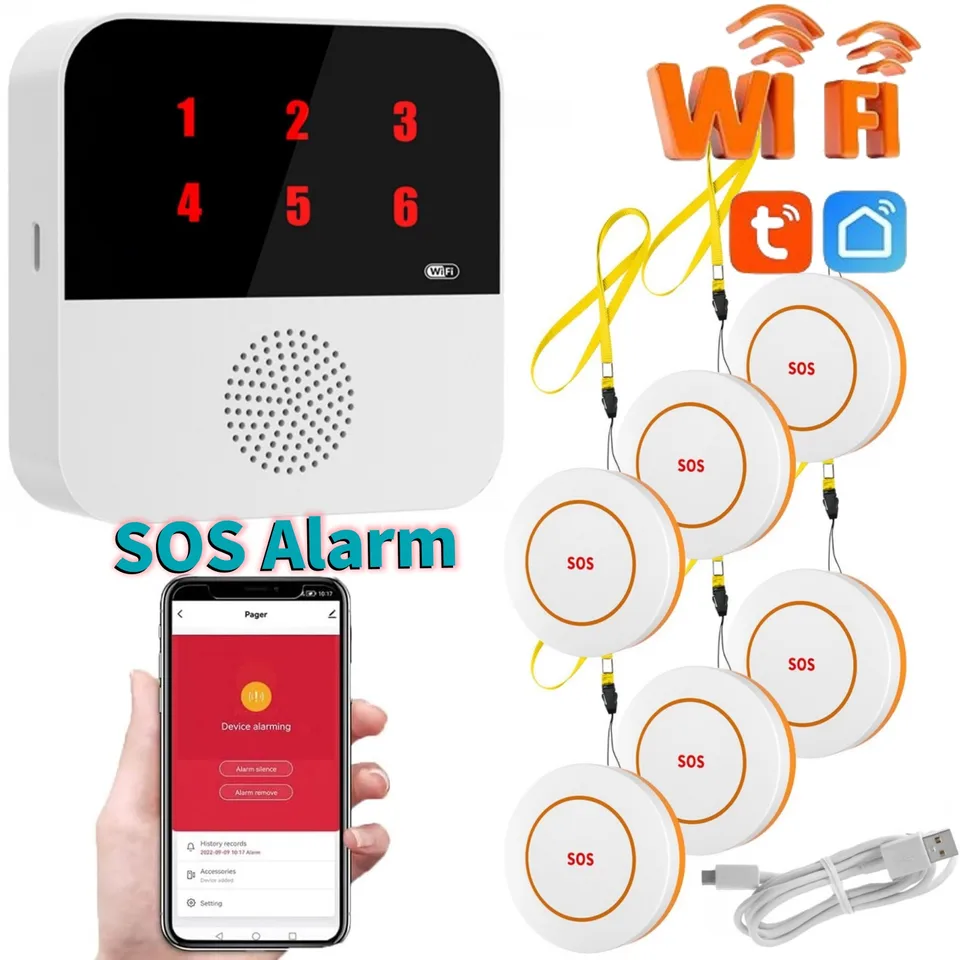 Kit Pulsante Di Emergenza WiFi Con Ricevitore, 2 Pulsanti E Braccialetto, Allarme Per Anziani, Disabili E Bambini, Portata 150 Metri, Impermeabile IP55