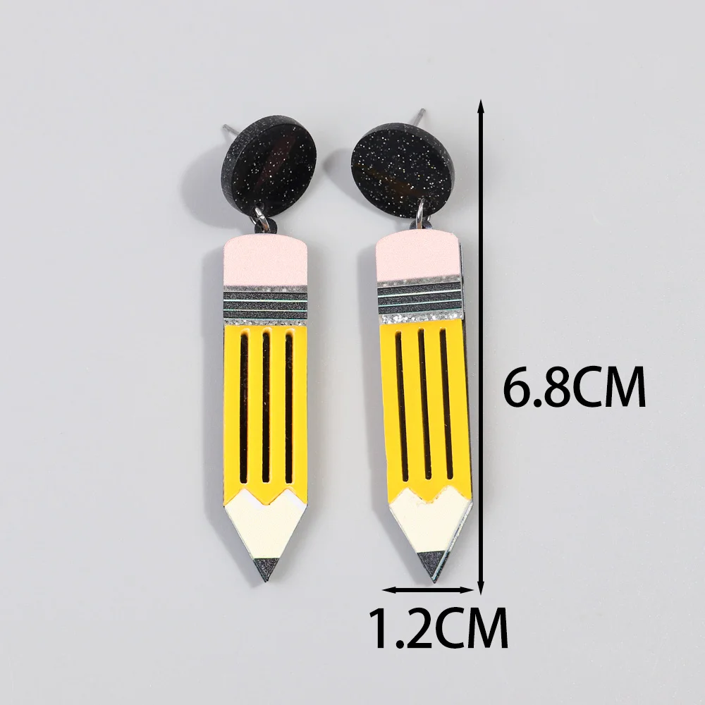 New Acrylic Apple Ruler Pencil Drop Earrings for Women Student Cartoon Crayon Box Printing Dangle Earring Teacher's Day Jewelry 2