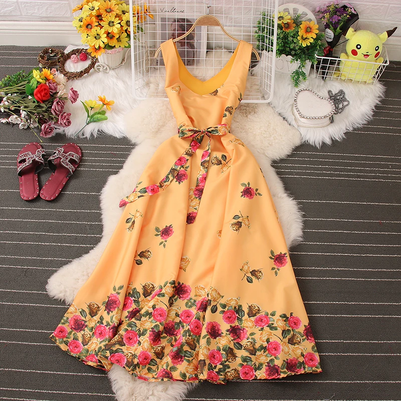 F43 Sweet Memory Blue Pink Black Yellow Flower Women Dresses New Fashion Lady Summer Sleeveless V-neck Girl Cocktail Dress
