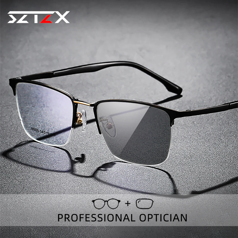

SZTZX New Men's Business Photochromic Reading Glasses Anti Blue Ray Ultra-Light Half Frame Myopia Prescription Eyeglass Frame