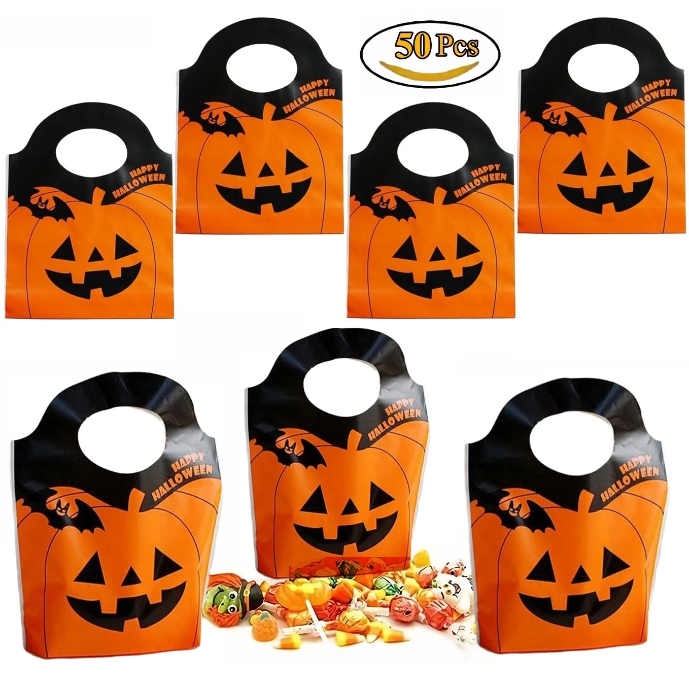 

50 Pcs Halloween Plastic Pumpkin Head Trick or Treat Candy Bags, Jack O Lantern Pumpkin Gift Snack Party Favor Bag for Halloween