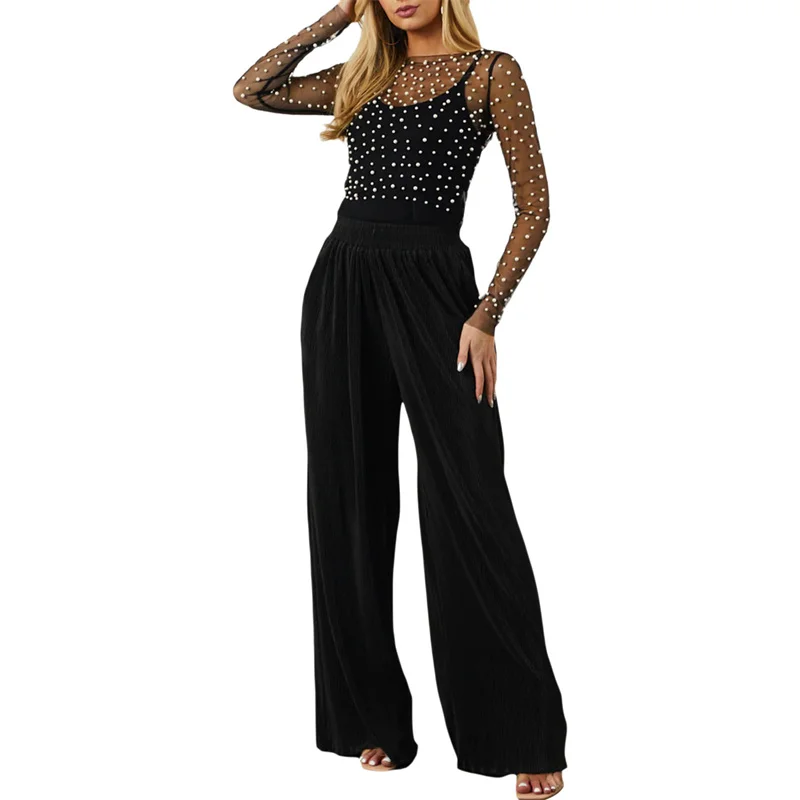Sheer Mesh Top with Pearls Women y2k Clothing See Through Round Neck Long Sleeve T Shirt 2000s Clothes Party Clubwear