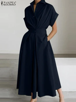Women Summer OL Work Dress ZANZEA Elegant Short Sleeve Office Sundress Casual Solid A Line Buttons Holiday Vestidos Kaftan Robe 3