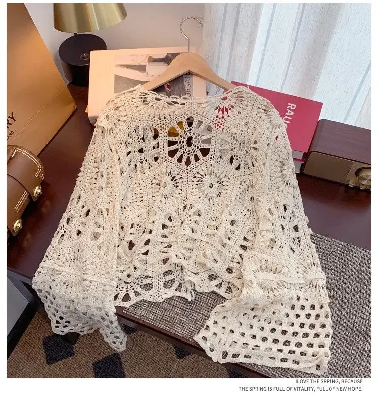 Description Picture 4 of item2025 New Korean Gentle Cardigan Knitting T-Shirt Ladies V-Neck Hook Flower Hollow Out Lace up Basic Casual Sun-proof Shirt