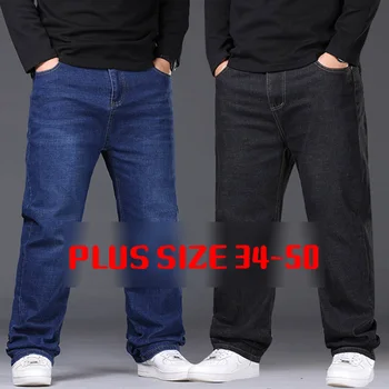 34-50 Sizes Men's Stretch Jeans Straight Leg Denim Pants Extended Sizing Blue/Black Streetwear Relaxed Fit for Work & Casual 1