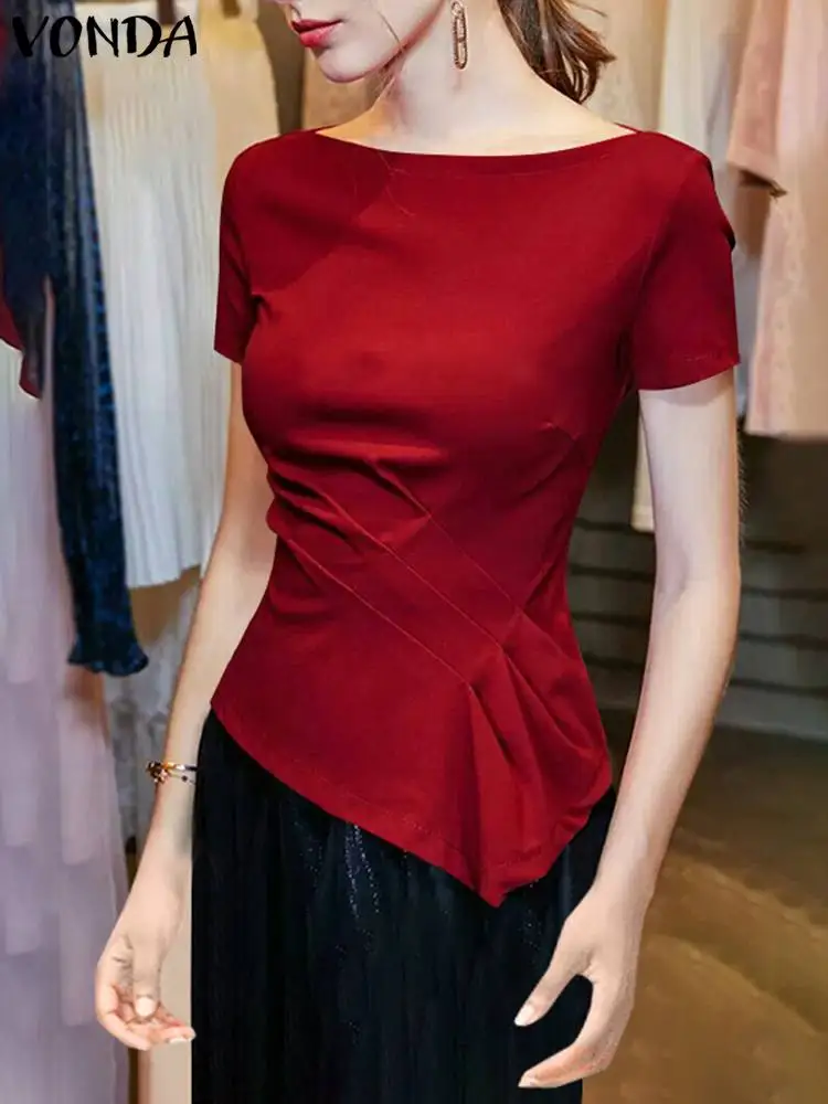 

VONDA Summer Shirts Women Office Tops 2024 Fashion Blouses Elegant Short Sleeve Pleated Casual Solid Color Blusas Femininas