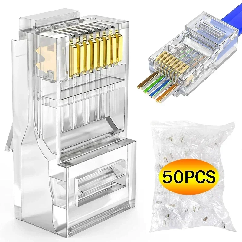 1 10 50Pcs Pass Through RJ45 Cat6 Cat5e Connectors Crystal End Gold Plated 8P8C Crimp UTP Standard Ethernet Network Modular Plug