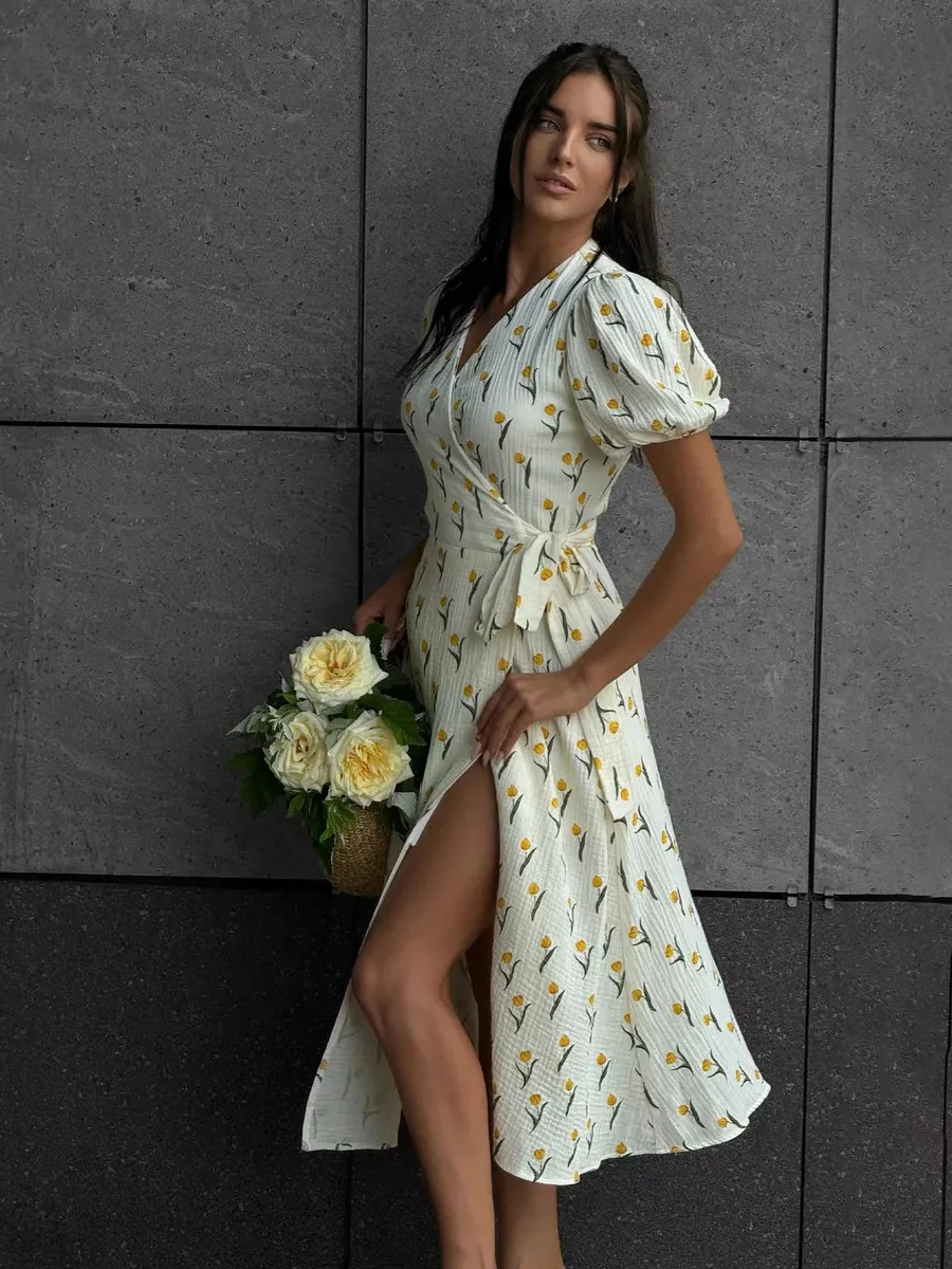 Women's Loose Fit Cotton Blend Maxi Dress with V-Neck & Short Sleeves S2c03f8e1b101410db845206f20325b1ex