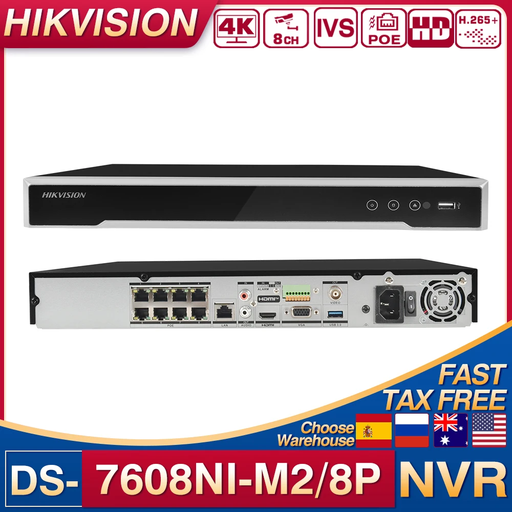 

Original Hikvision DS-7608NI-M2/8P PoE 4K 8CH NVR 2 SATA Port HDMI/VGA Independent Output Network Video Recorder