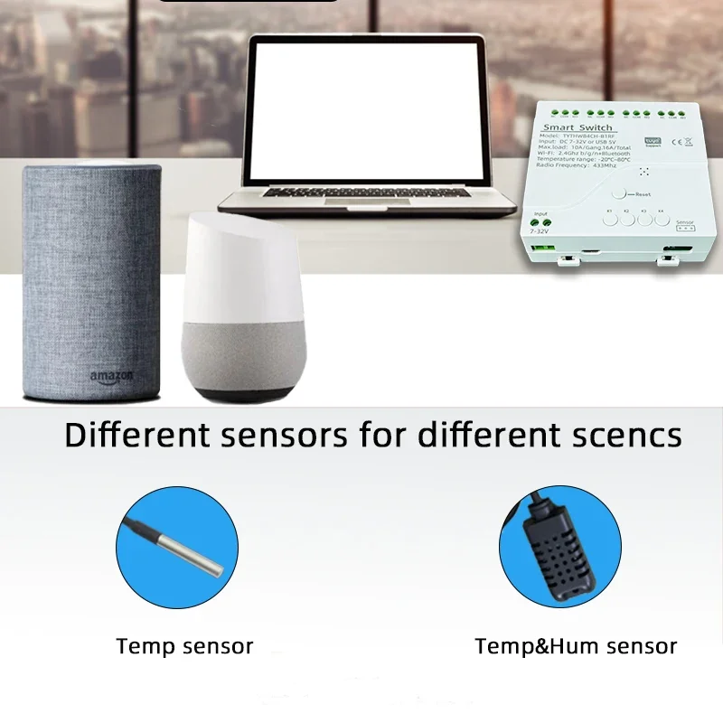 7-32V WiFi 4 Channel TH Switch With DIN Rail,Tuya Smart Life APP,Temperature or