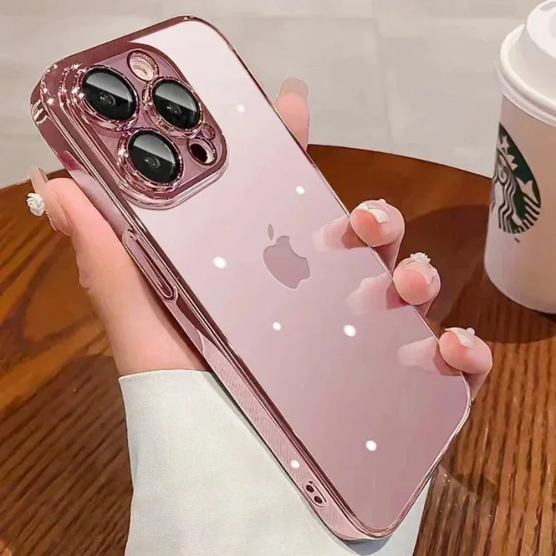 Luxury Plating Clear Phone Case with Full Lens Protector and Silicone Cover