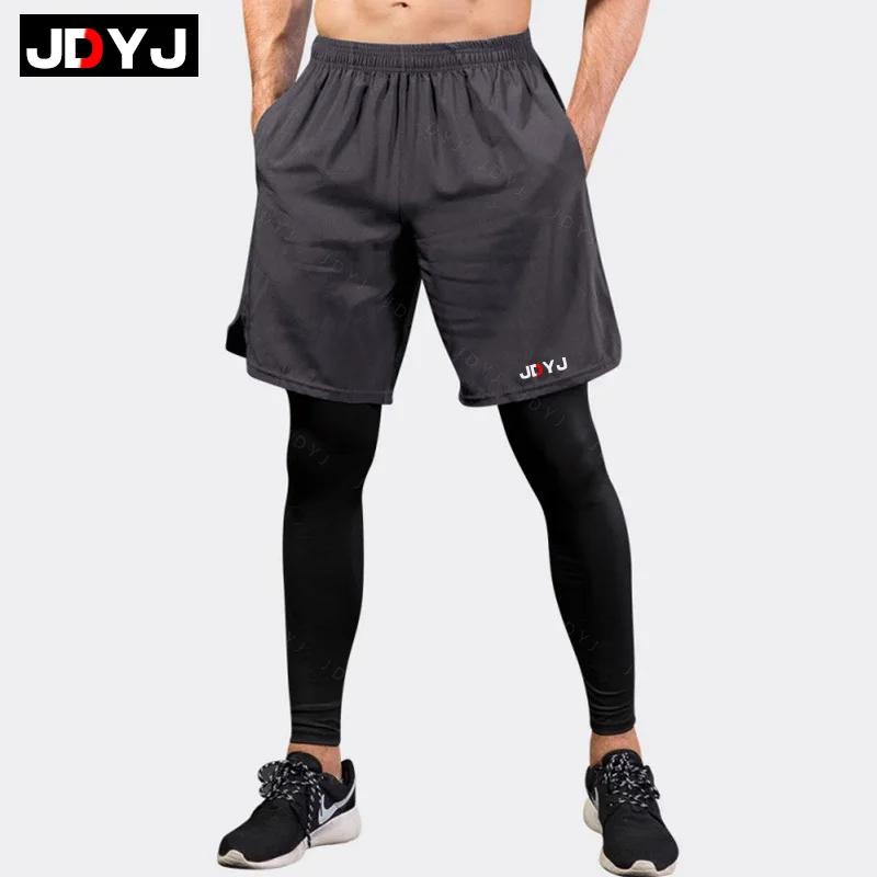JDYJ High elasticity fake two-piece gym fitness pants, running breathable and loose fitting training, sports tight pants for men