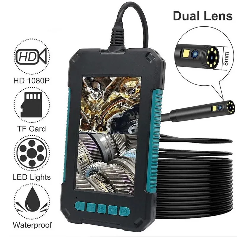 

Камера-эндоскоп с двойным объективом 8 мм, водонепроницаемая промышленная камера-эндоскоп с 8 лампами, HD-экран 4,3 дюйма, жесткий кабель, TF-карта, Инспекционная камера