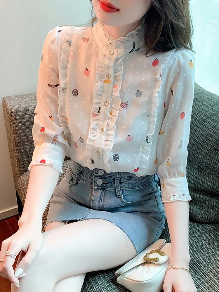 

Women Elegant Chiffon Shirts New Arrival 2023 Summer Fashion Korean Style Basics Ladies Half Sleeve Chiffon Blouses Shirt W1319