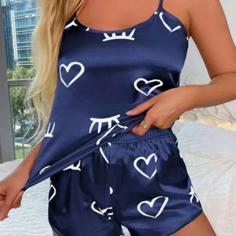 Women Ice Silk Digital Printing Pajama Sleepwear Pajama Set Camisole Shorts L XL XXL Gray Pink Low Cut Comfortable Casual Summer