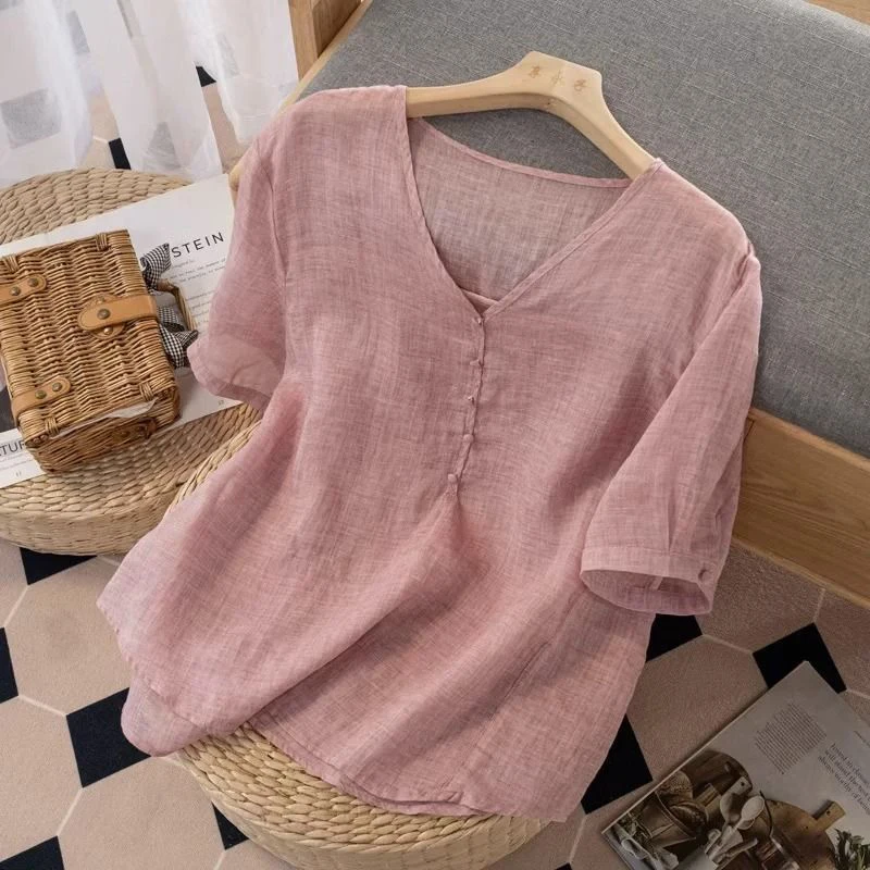 Summer V-Neck Cotton Linen Pullover T-Shirt For Women Solid Loose Casual V-Neck Short Sleeved Tees Female Thin Oversized Clothin