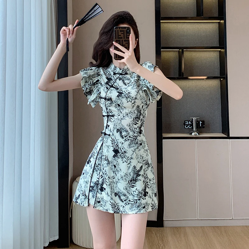 Two Piece Modern Improved Cheongsam Chinese Style Ink Painting