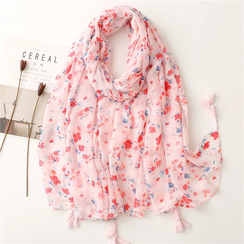 Fashion Luxury Brand Lovely Floral Tassel Viscose Shawl Scarf Spring Autumn Wrap Hijab Lady Soft Pashmina Foulard Stole 180*90Cm