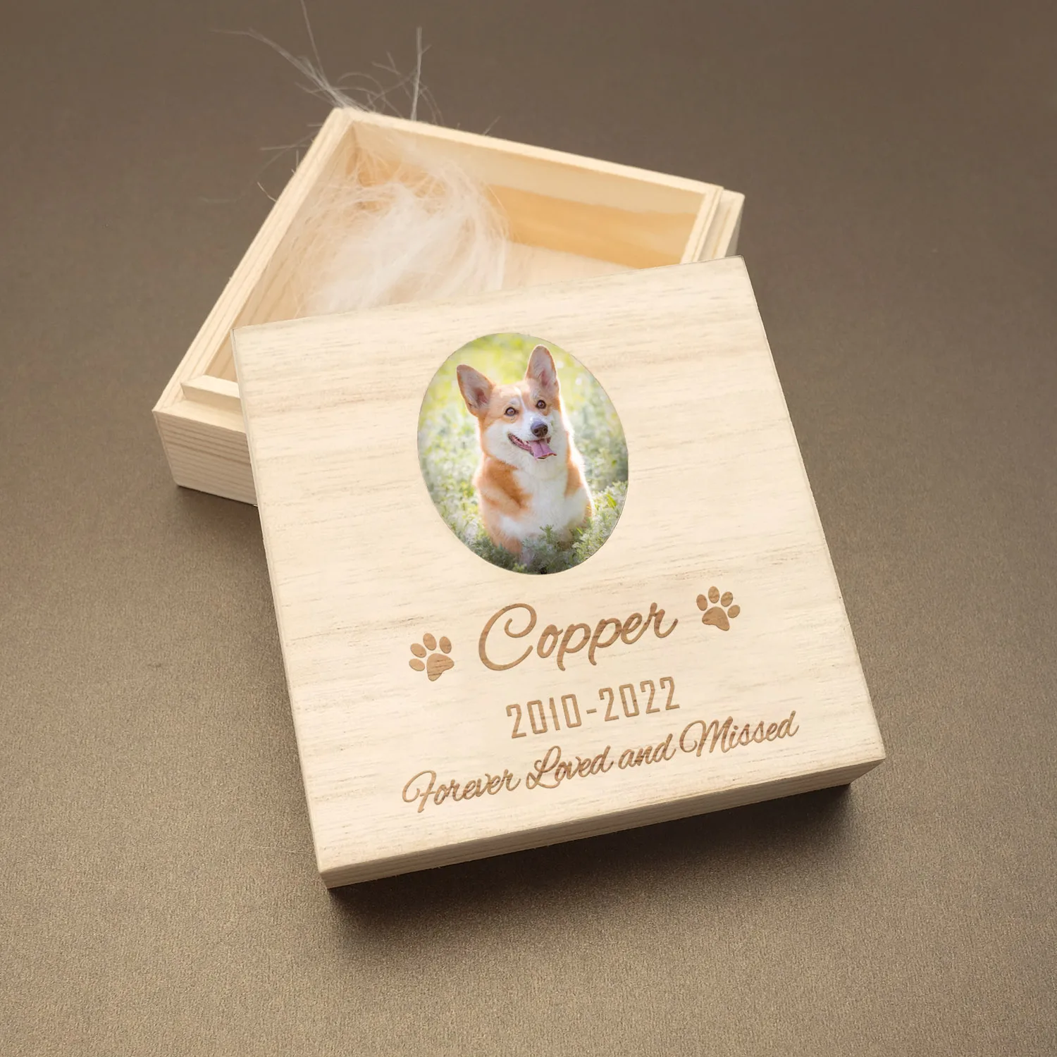 Custom Wooden Pet Fur Box With Photo Engraved Pet Memorial Keepsake Box