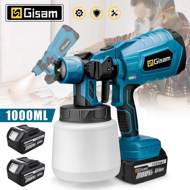 Gismis 1000ML pistolet de pulvérisation électrique maison pulvérisateur de peinture sans fil HVLP Auto meubles revêtement en acier aérographe pour Makita 18V batterie Pi 1