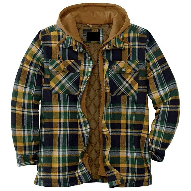 Men\'s Flannel Shirt Jacket with Removable Hood Plaid Quilted Lined Outdoor Winter Coats Thick Hoodie Outwear Man Fleece Shirts